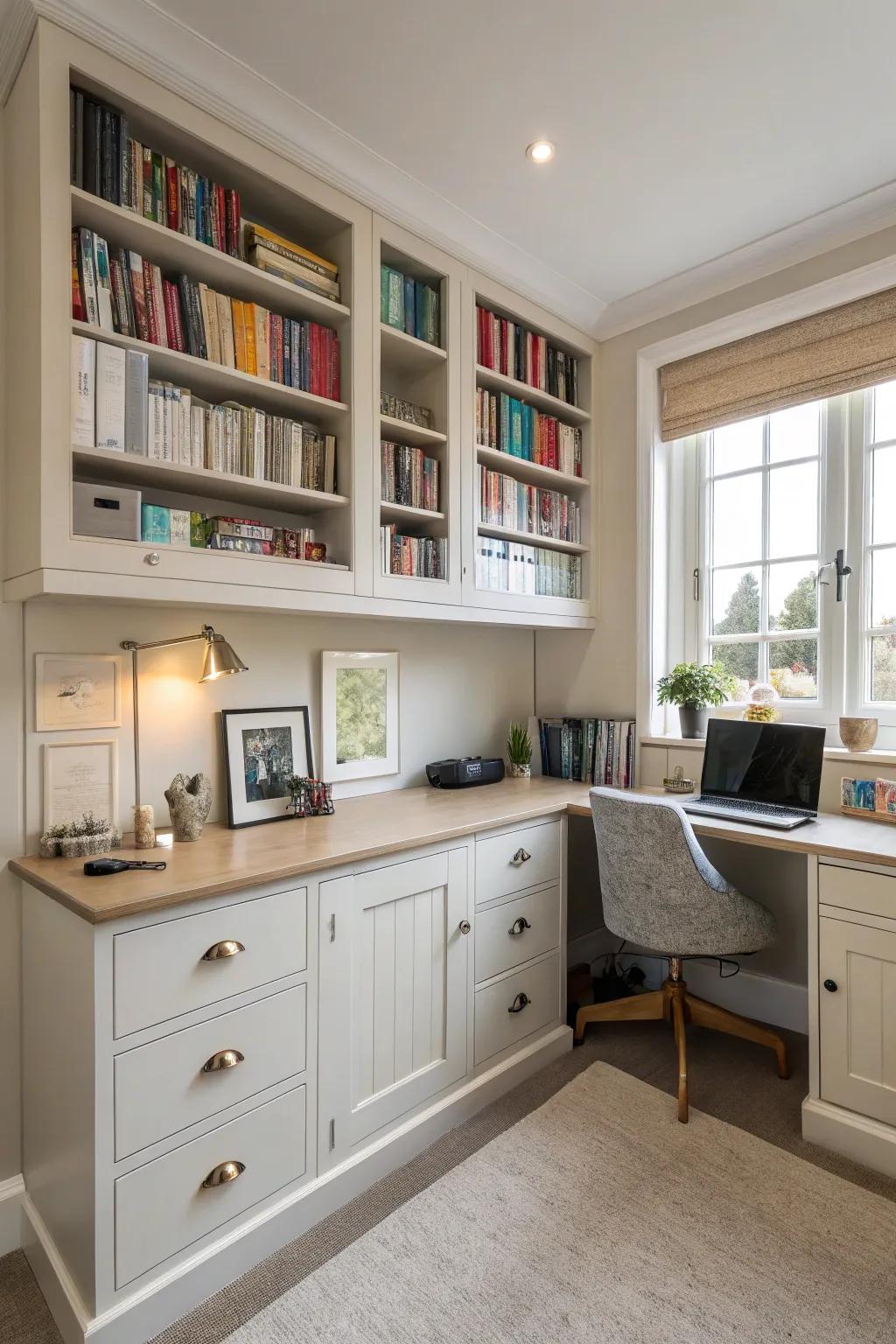 Optimize corner zones via tailored office cabinets.