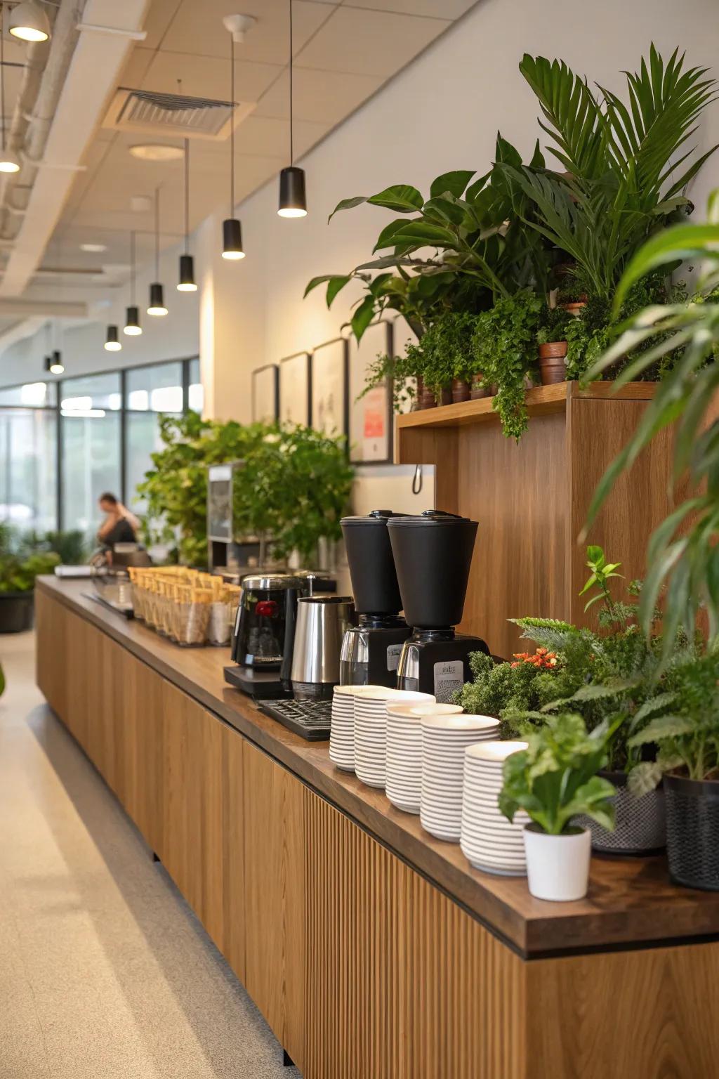 Plants introduce a calming atmosphere to your coffee bar layout.