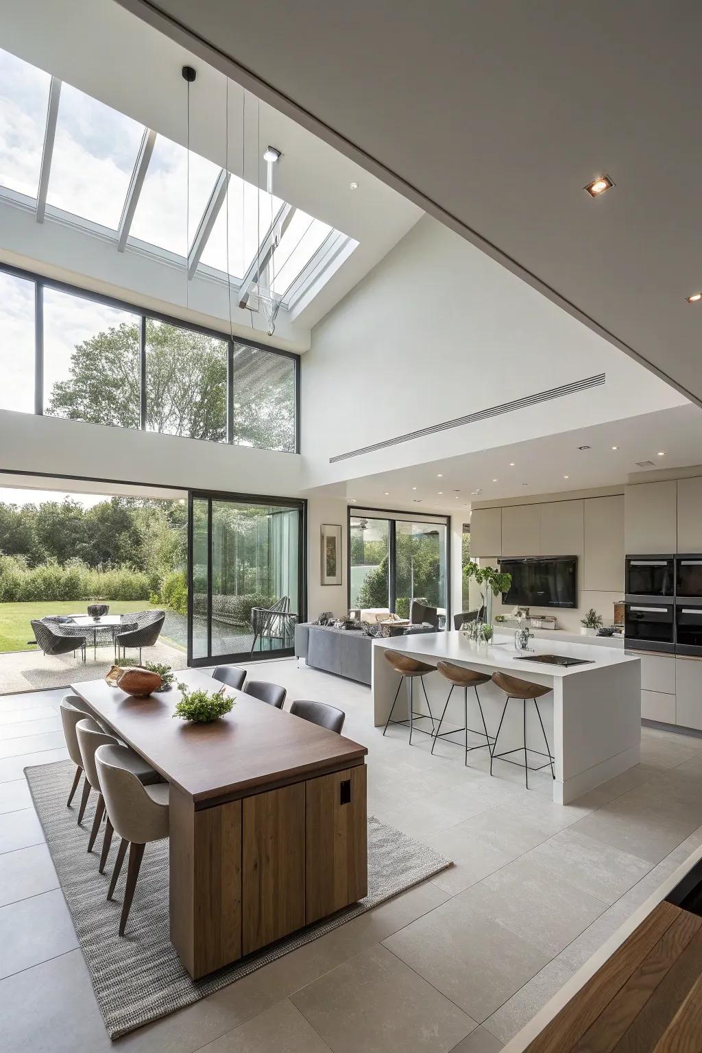 An effortless flow between kitchen and living areas under an open ceiling.