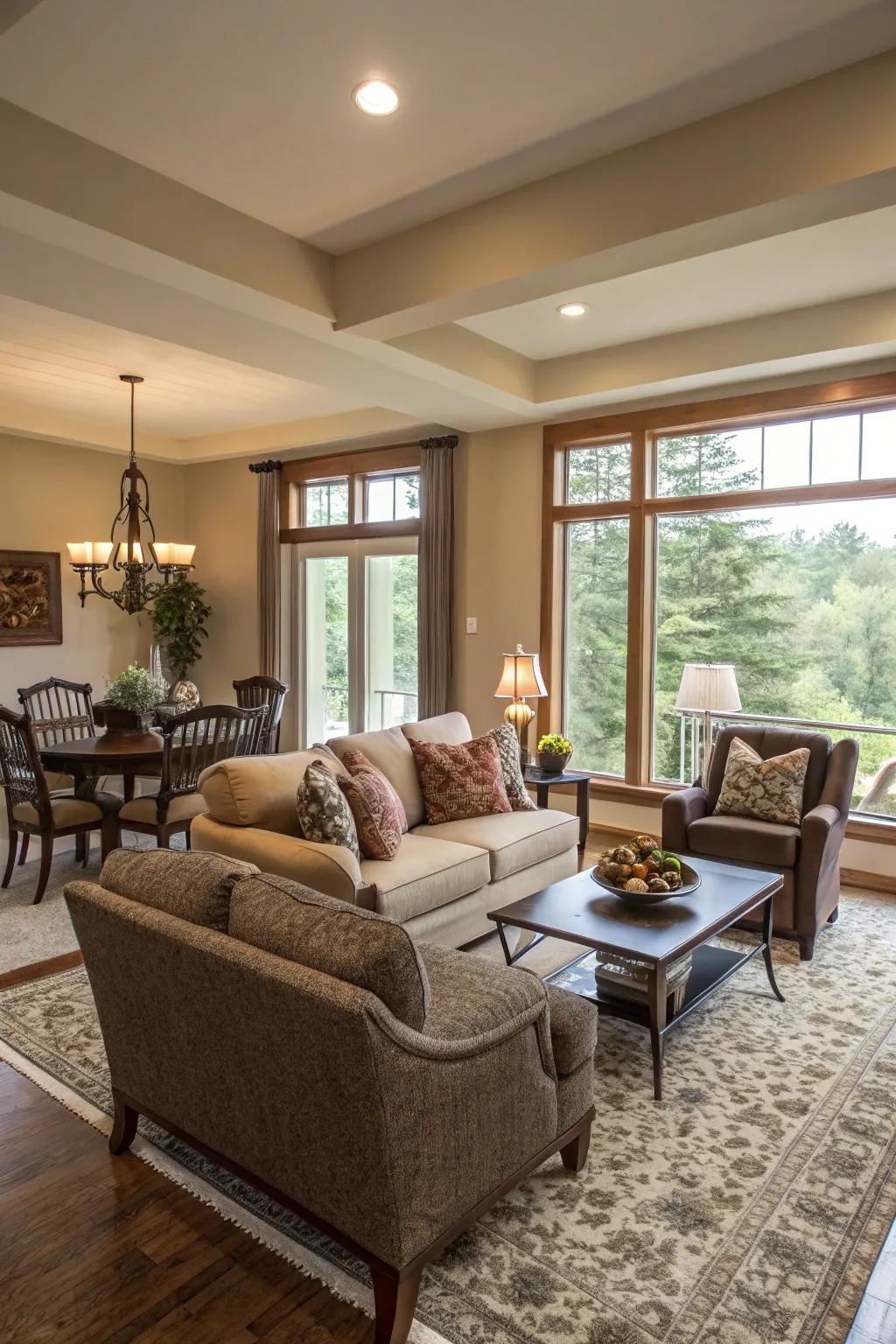 Furniture arrangement creates purposeful zones within the space.