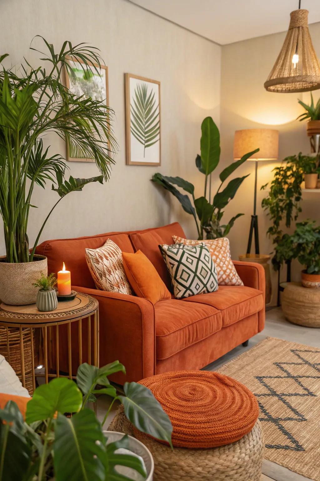Orange details combined with verdure fashion a harmonious and organic vibe.