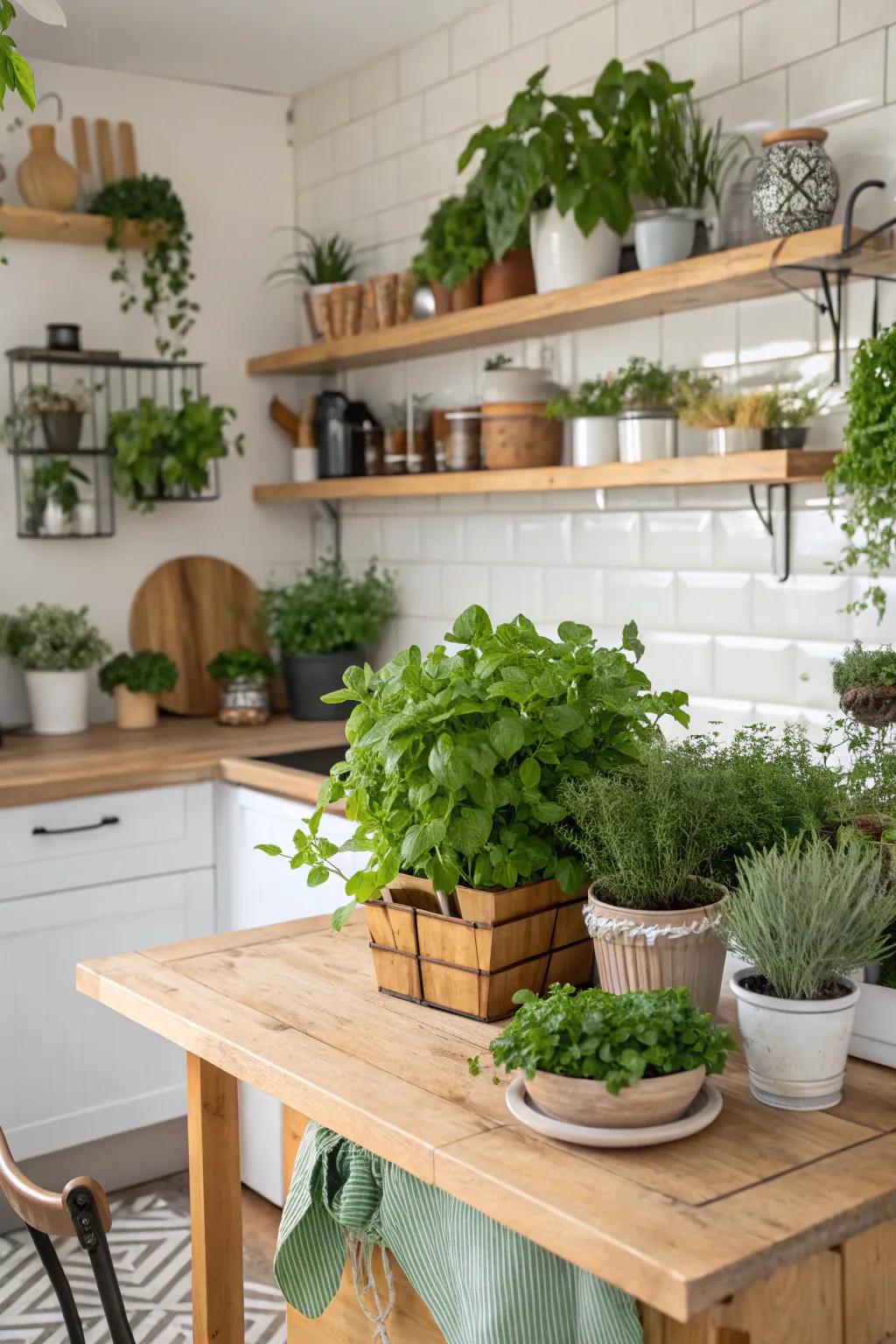 Plants fill the kitchen with natural energy and freshness.