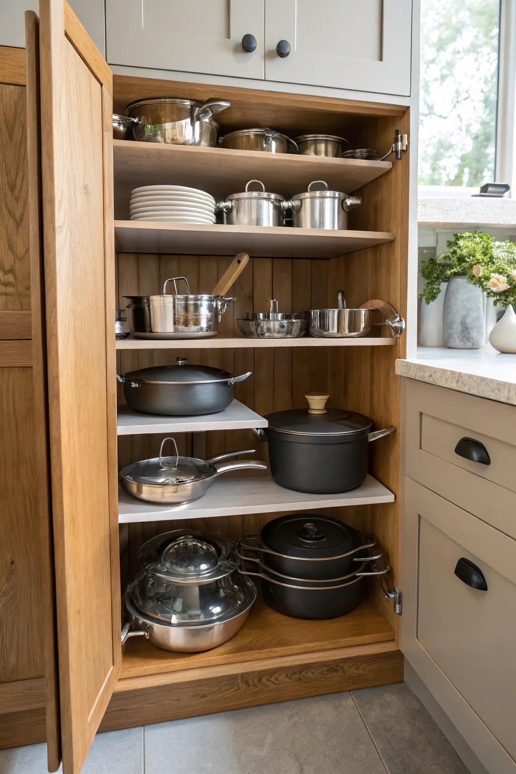 Tiered shelves efficiently organizing cookware in a cabinet.