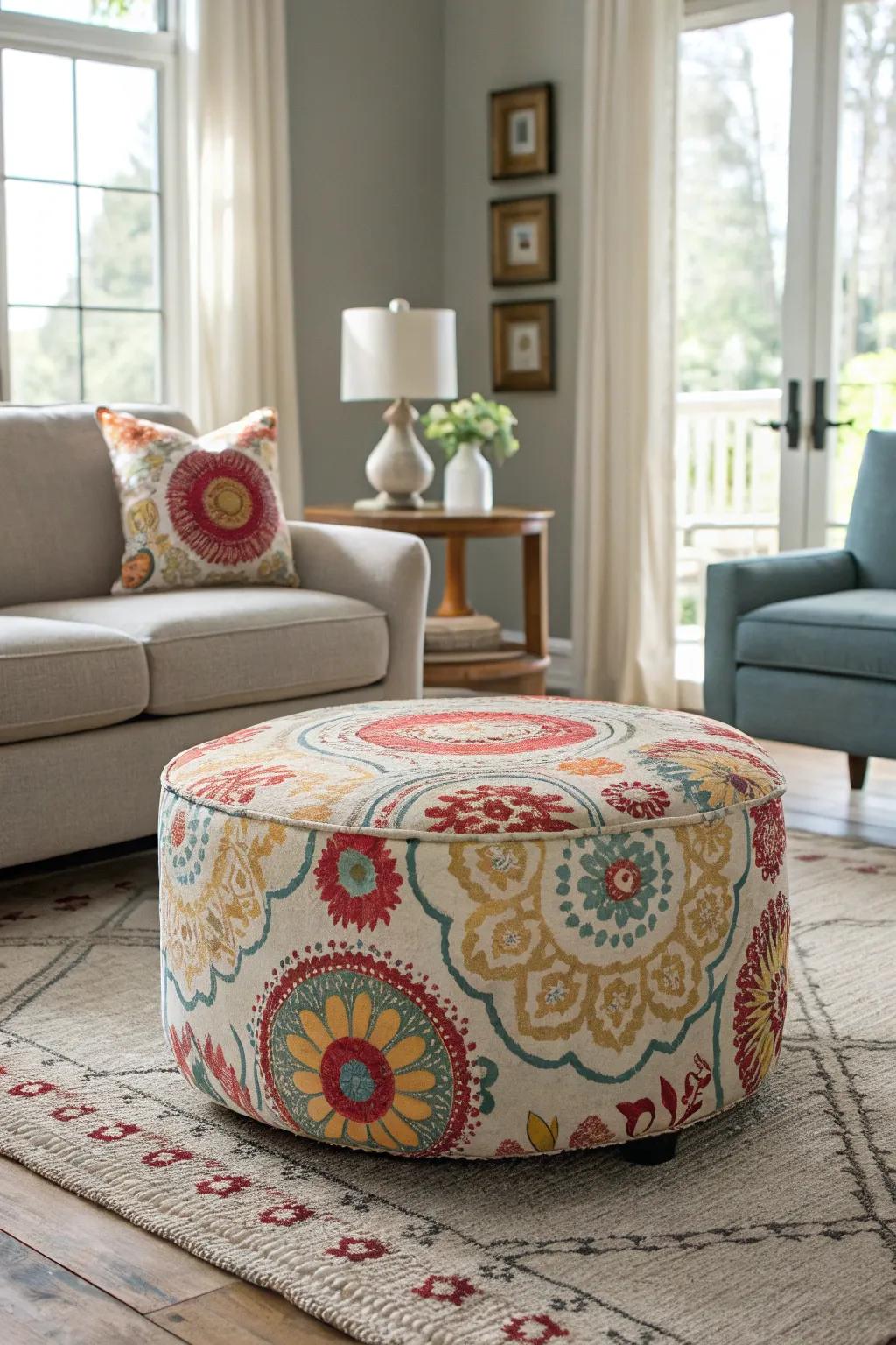 A vibrant ottoman brings life to this neutral living space.