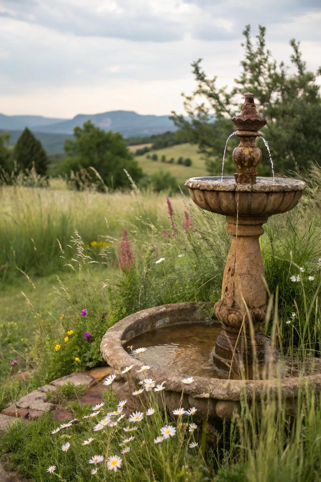 A rustic clay fountain radiating earthy charm.