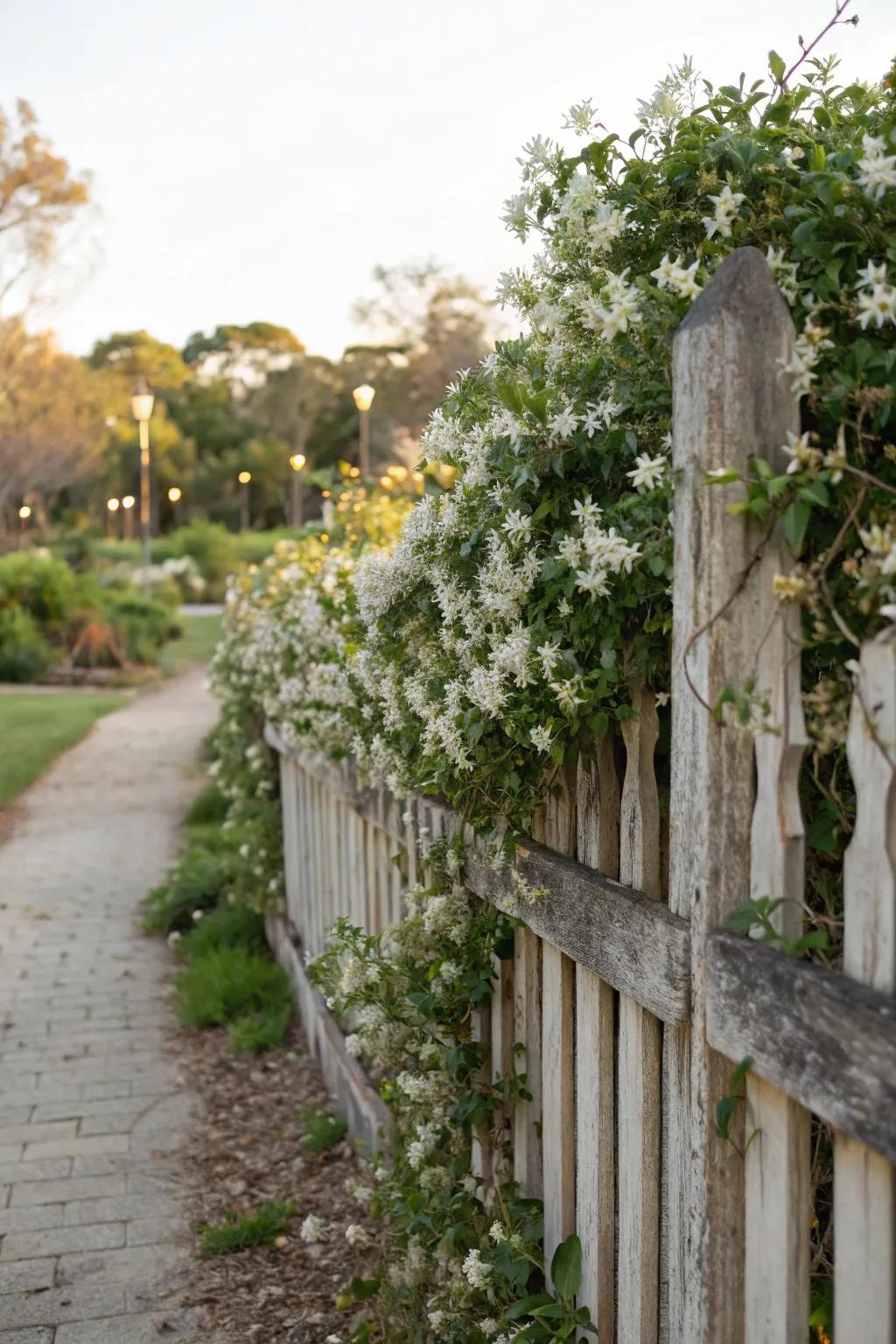 A timber enclosure adorned with perfumed climbing jasmine.