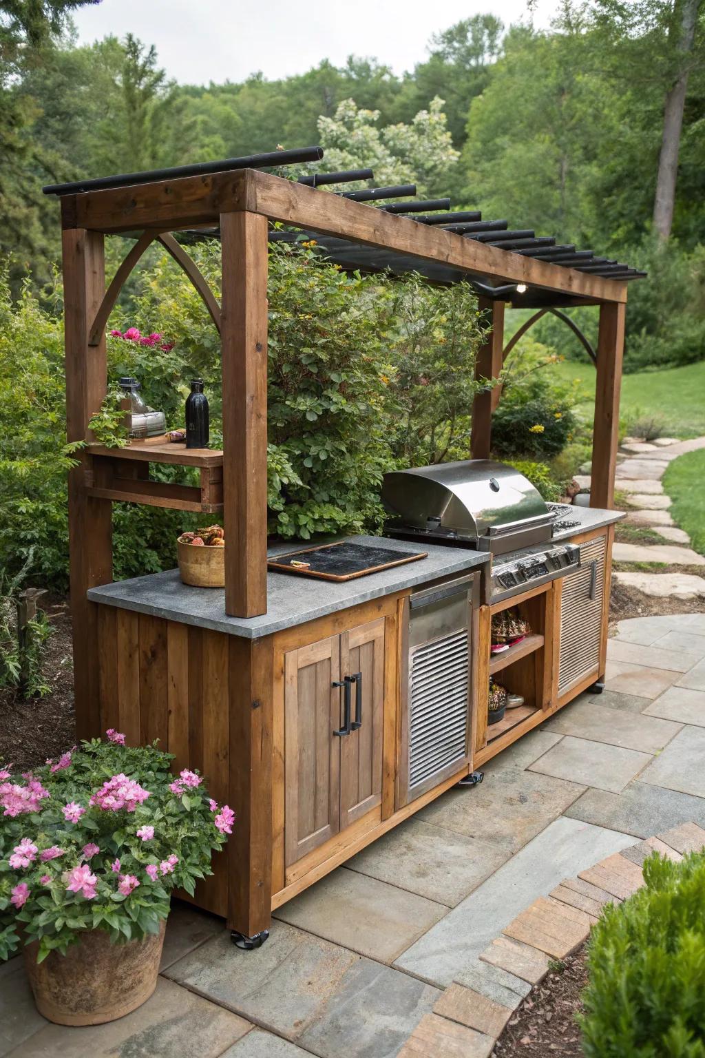 A rustic wood and metal cooking area offers durability and style.