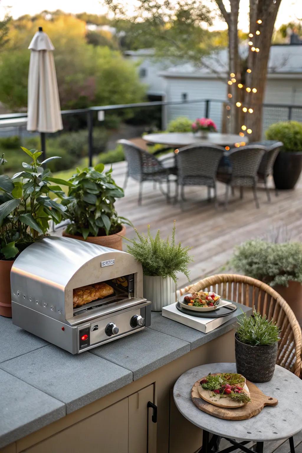 A compact countertop pizza oven perfect for small outdoor spaces.