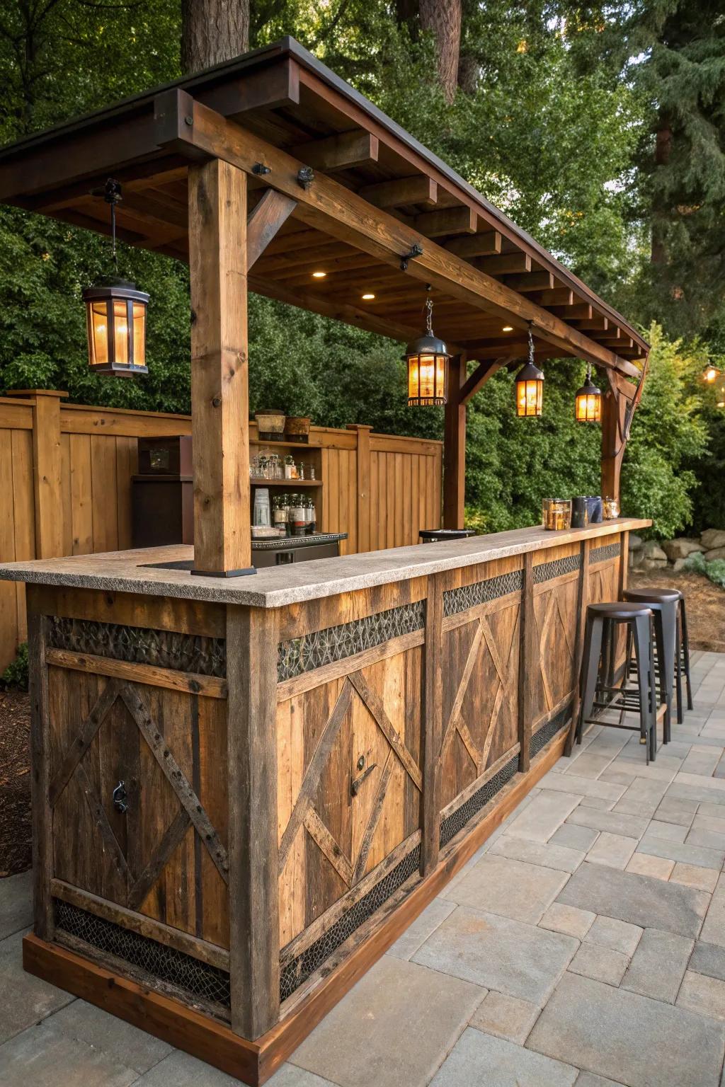 Embrace rustic charm with a reclaimed wood outdoor bar—where style meets sustainability.