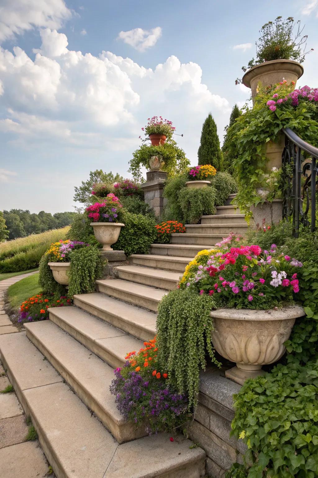 Tiered planting brings vibrant life to outdoor steps, enhancing garden aesthetics.