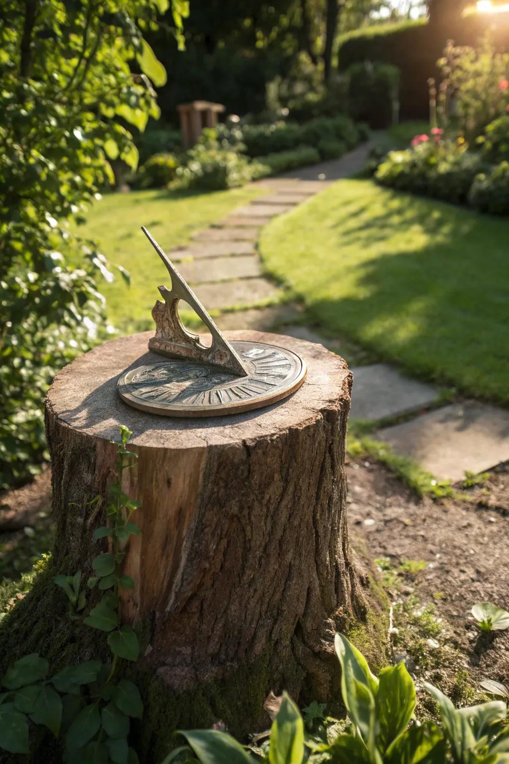 A sundial on a stump brings timeless beauty to the garden.