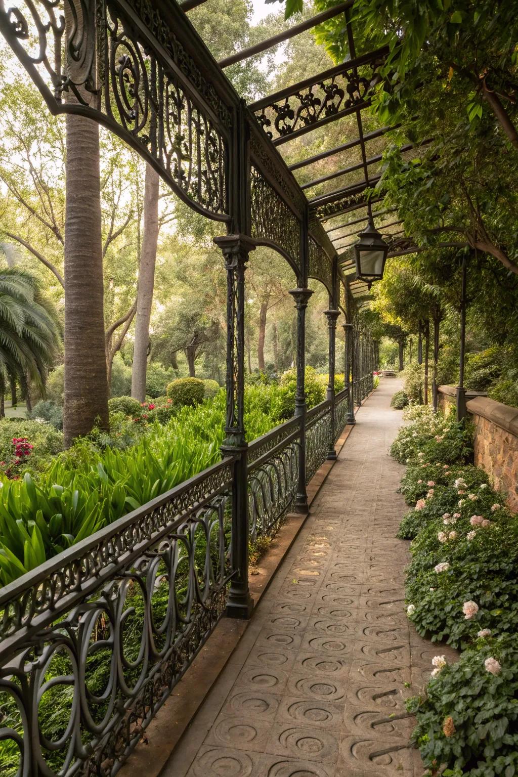 Intricate wrought iron railings add artistry to outdoor paths.