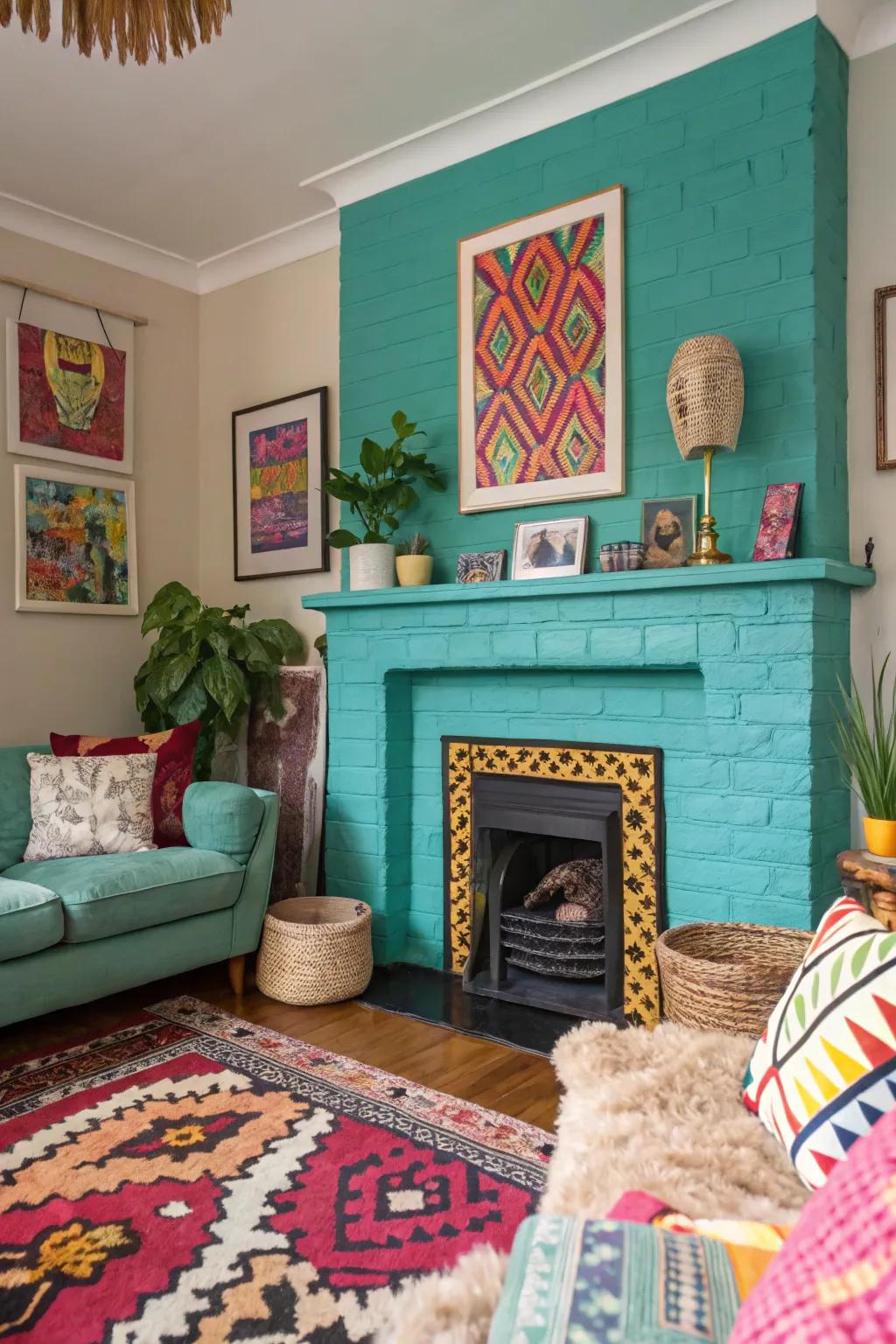 A teal-painted fireplace delivering a vibrant splash of color.