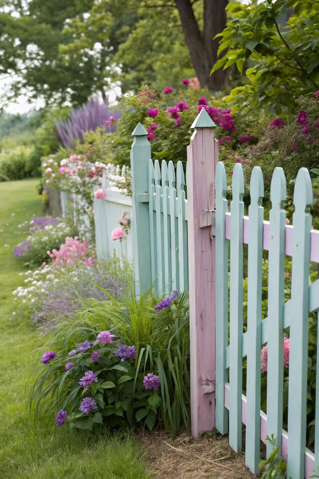 A captivating pastel picket fence set amidst a serene garden landscape.