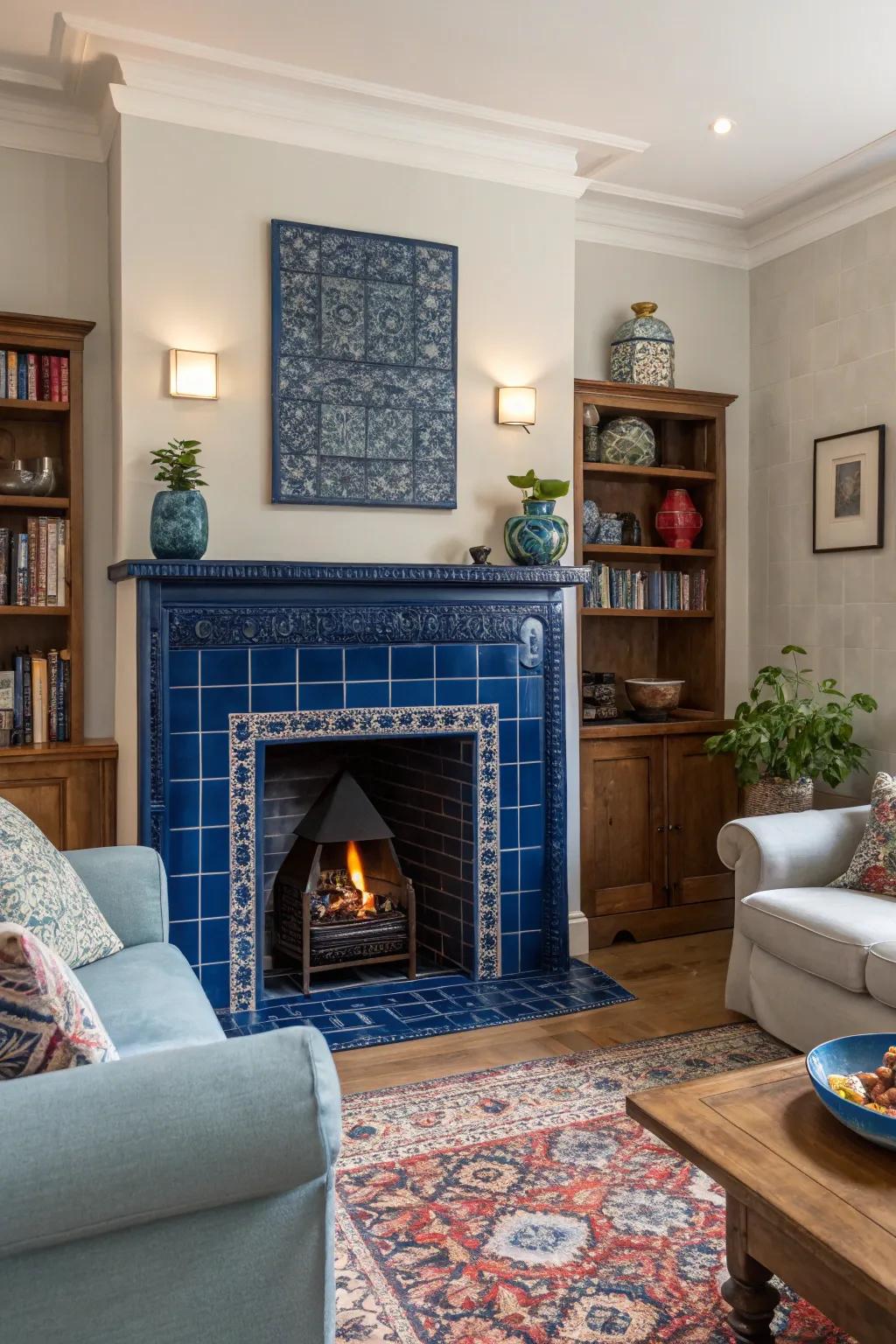 Deep blue tiles add coziness and depth to your fireplace.