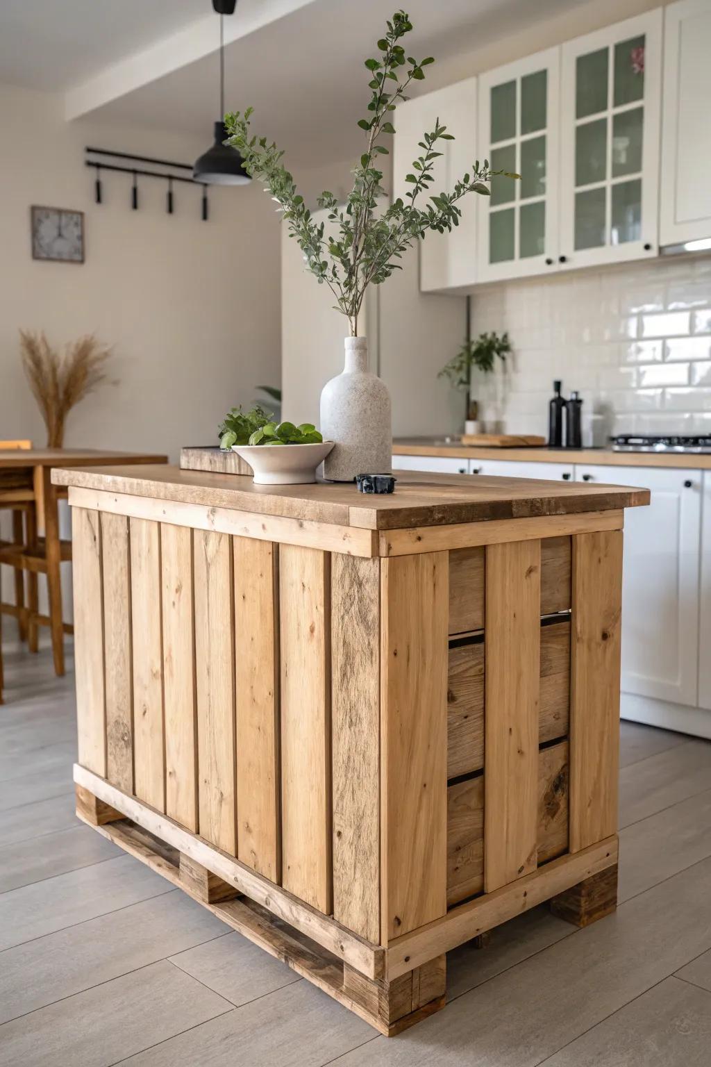 Transform your kitchen with a stunning pallet island that blends minimalist elegance with boho warmth.