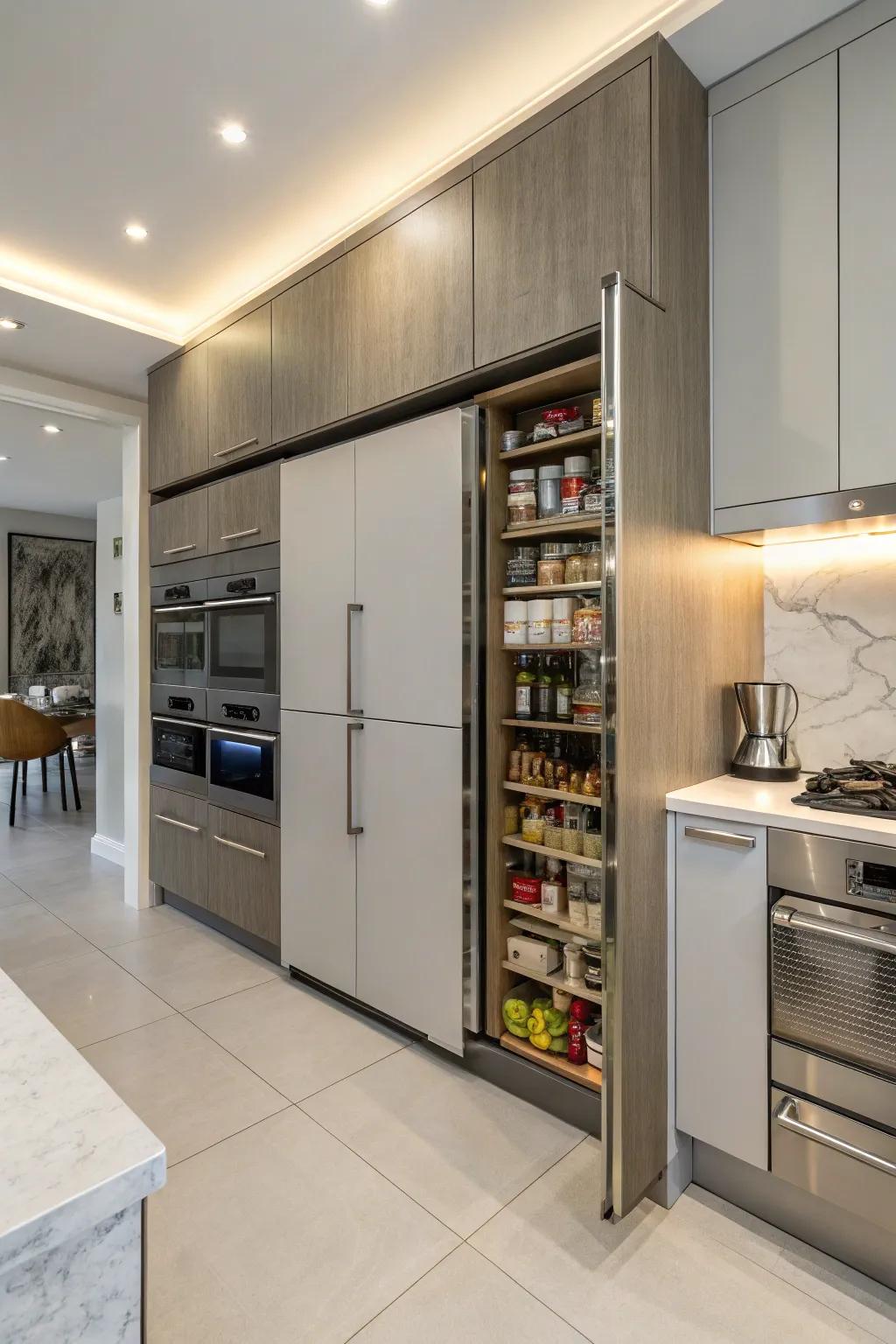 A kitchen highlighting a concealed pantry integrated within the cabinetry.