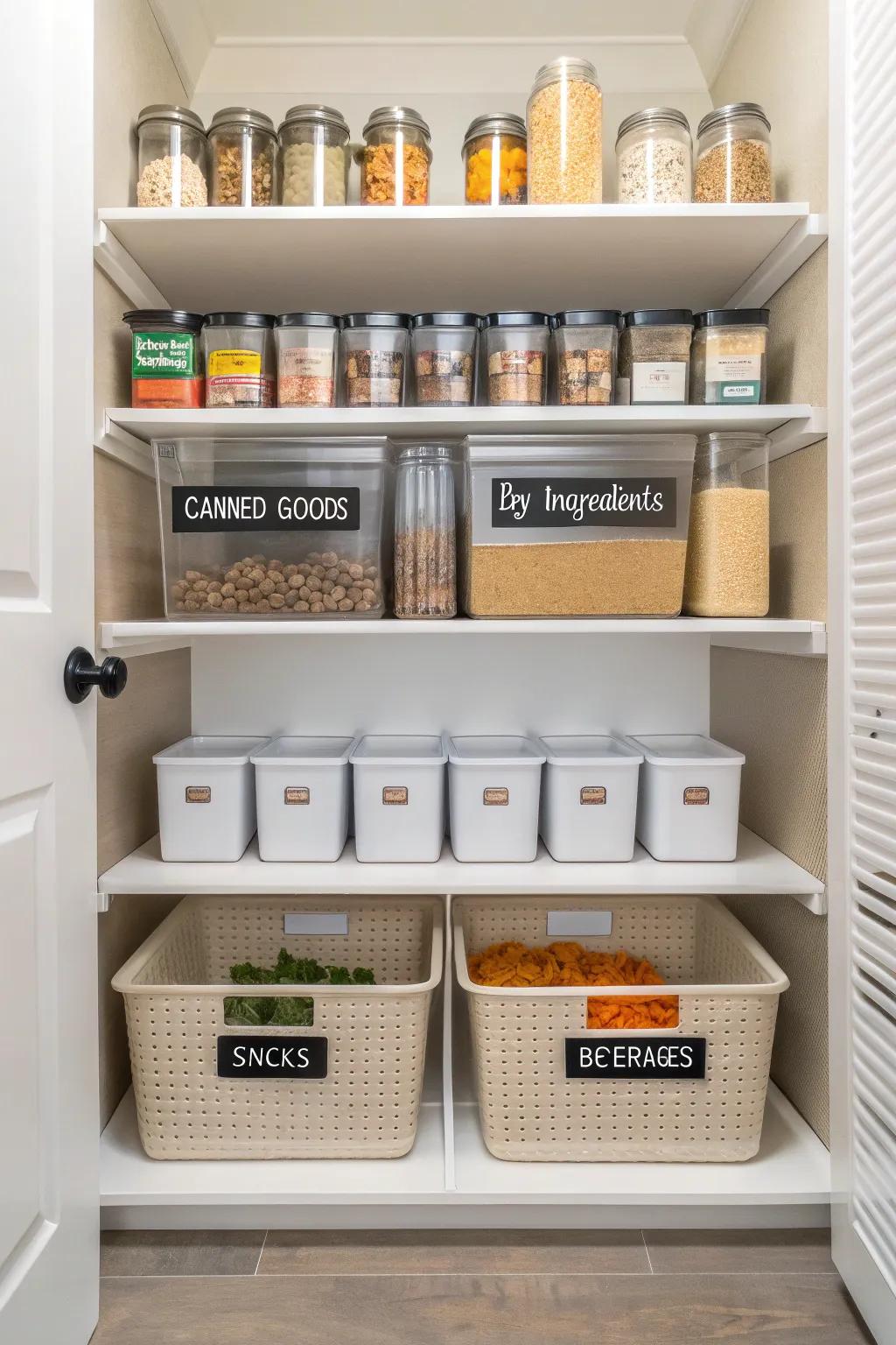 Creating zones for different types of food makes accessing and managing your pantry effortless.