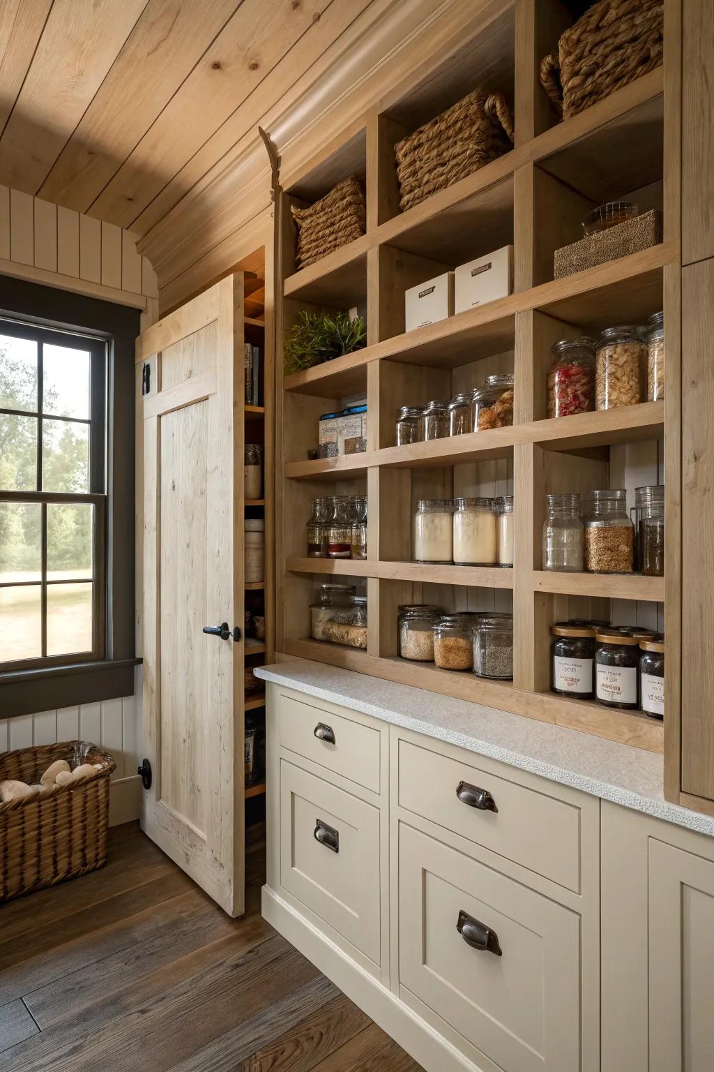 An elegant off-white pantry that exudes timeless charm.