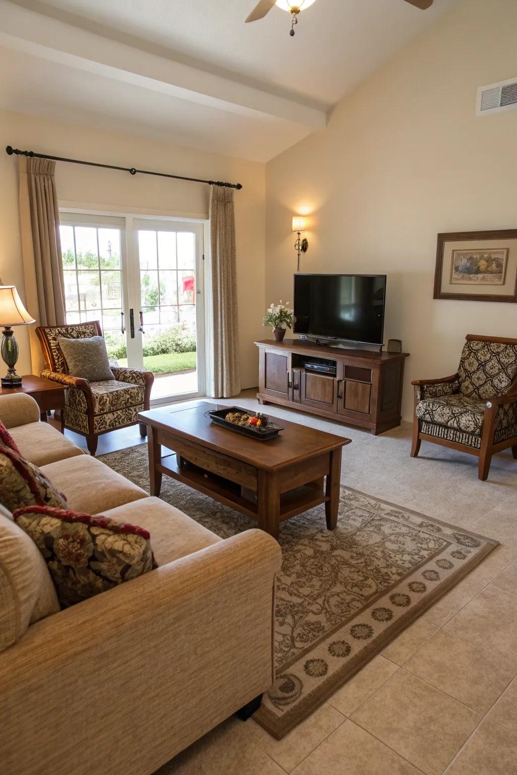 Furniture along the perimeter allowing for versatile activity zones.