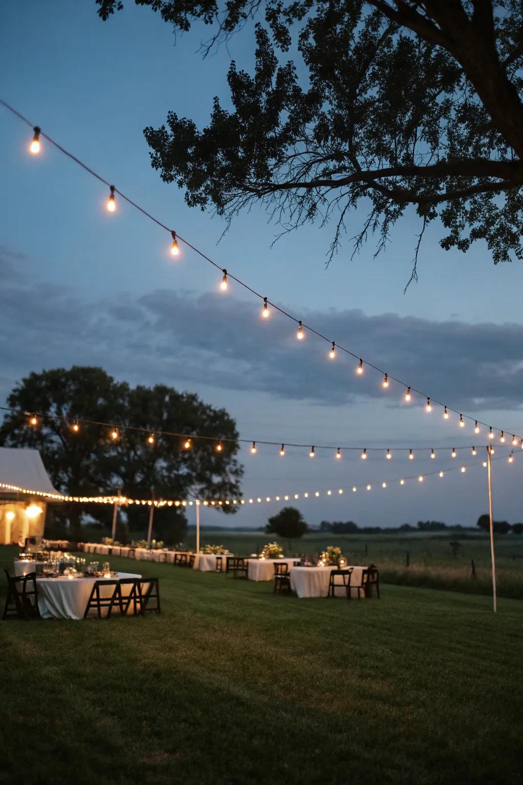 Linked lights inject a magical radiance into the pasture reception.
