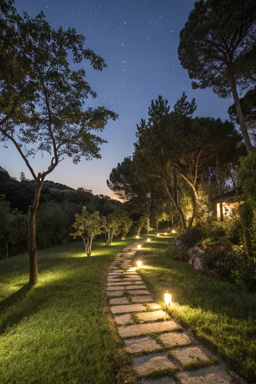 Tree-mounted downlights cast a gentle, moonlit glow over pathways.