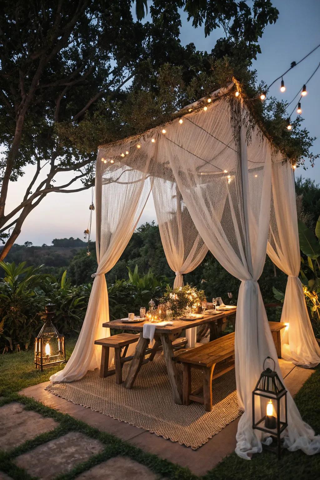 Transform your patio into a dreamy dining haven with a net canopy—perfect for enchanting evenings outdoors.