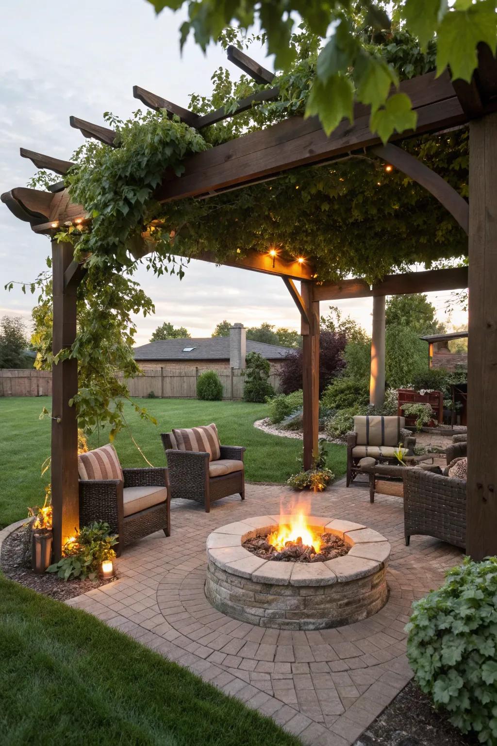 A fire pit beneath your shade creates a warm gathering spot.