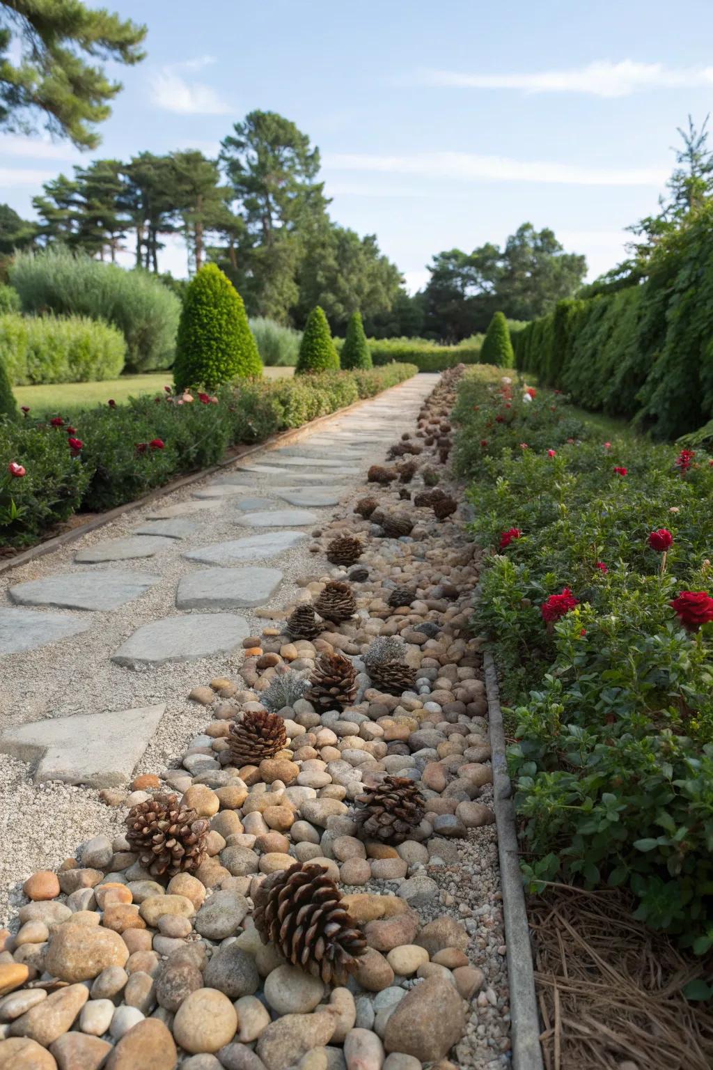 Pinecones intermingled with stones create an engaging landscape.