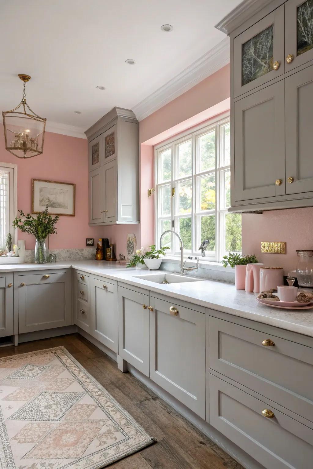 Soft rose walls beautifully paired with graceful grey units.