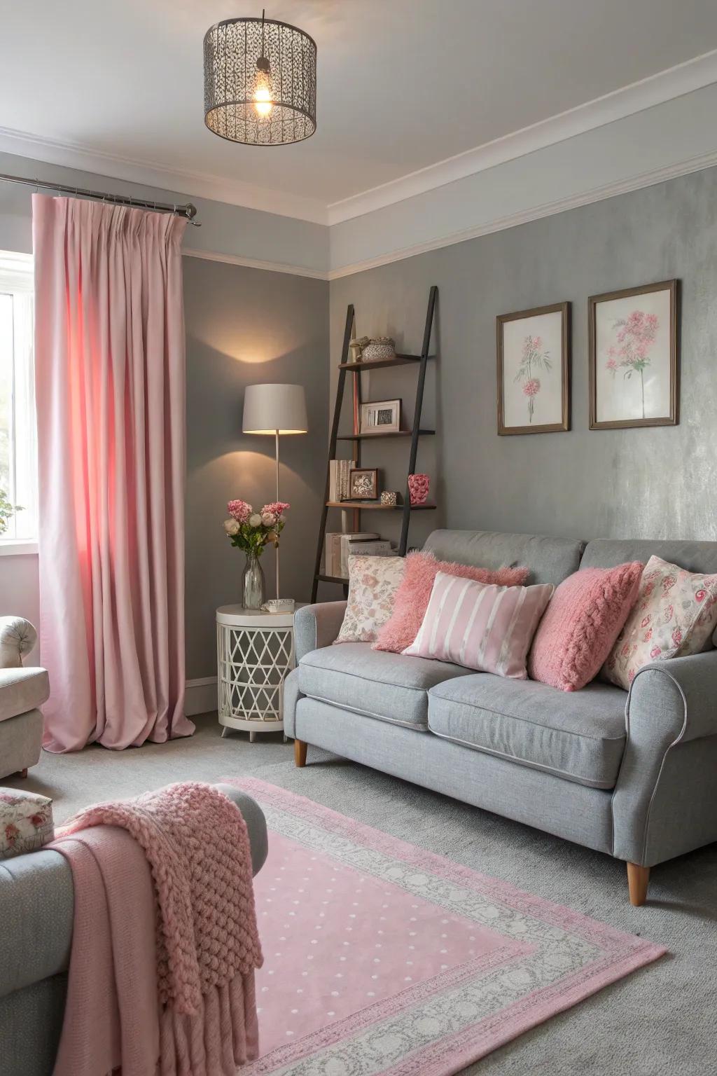 Pastels add a gentle touch to grey interiors.