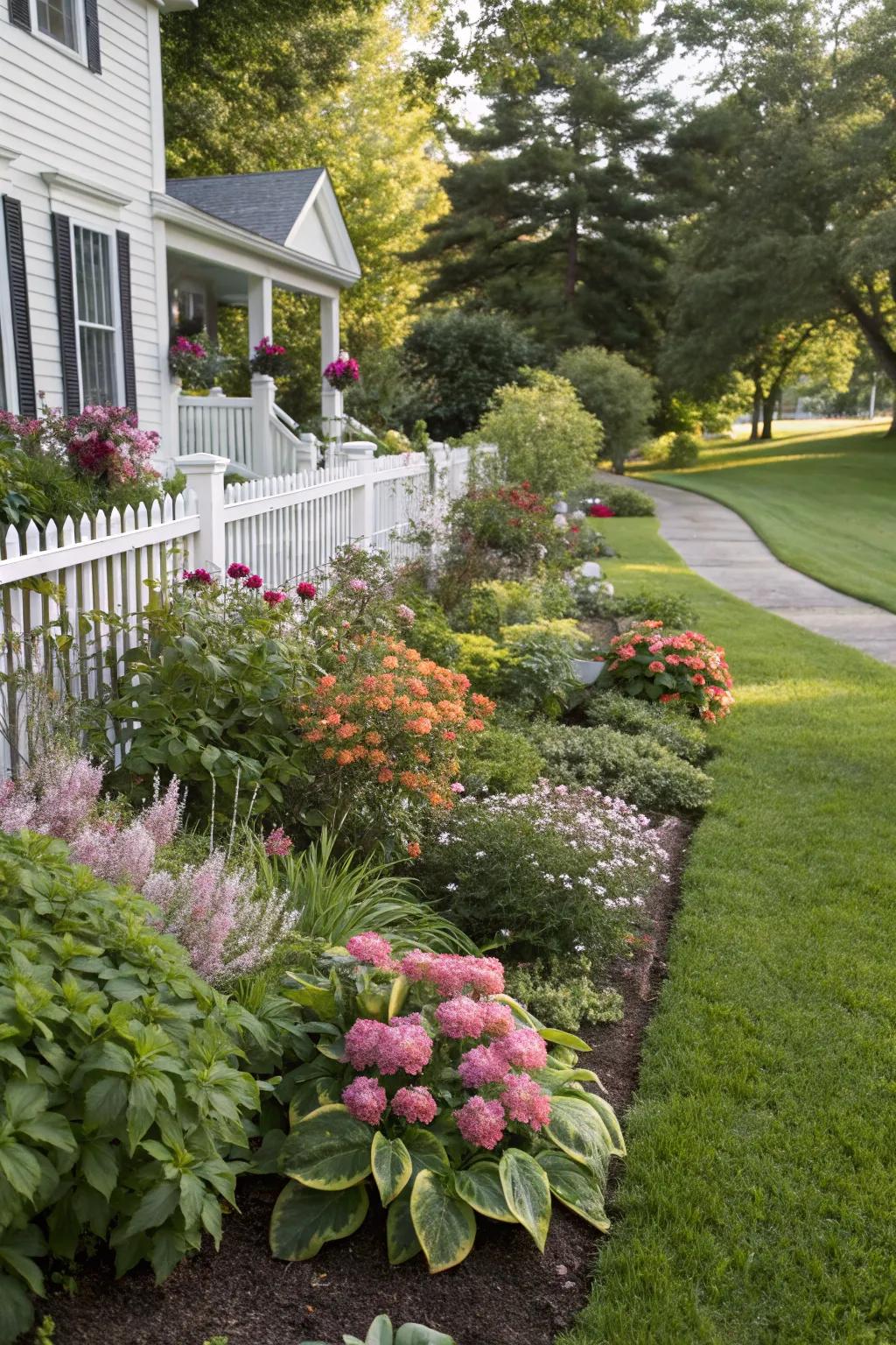 A mix of seasonal and perennial plants ensures year-round beauty.