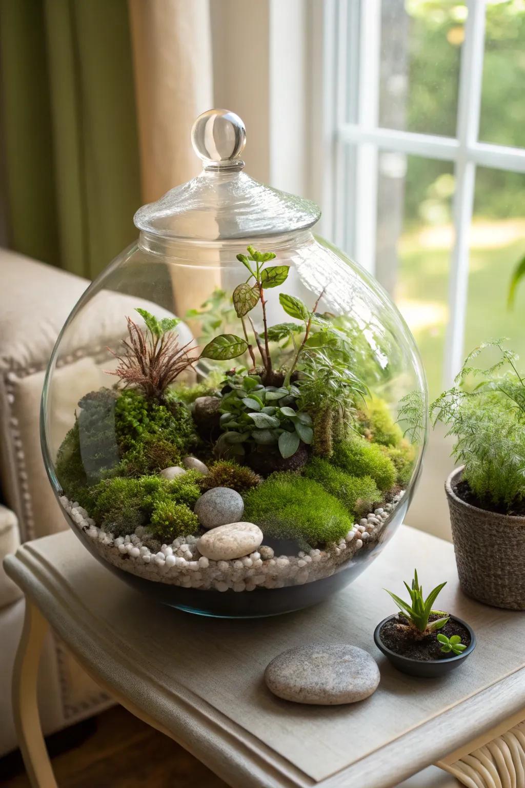 An engaging terrarium that presents a serene and distinct gift concept for mothers.