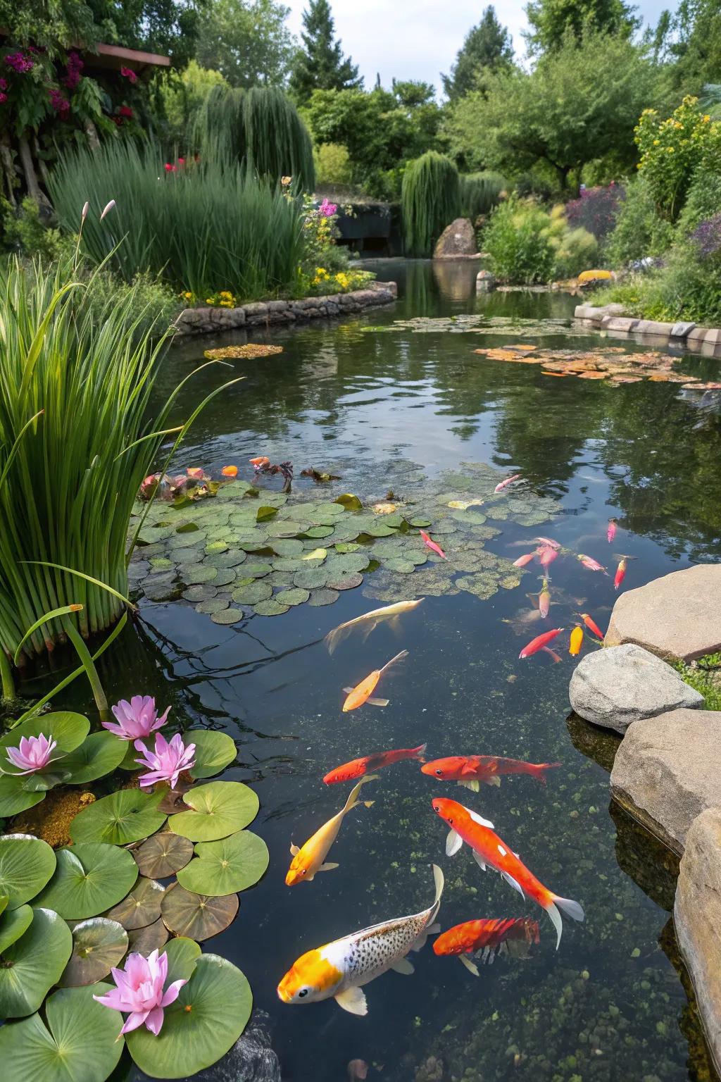 A pond alive with colorful fish, fostering a lively ecosystem.