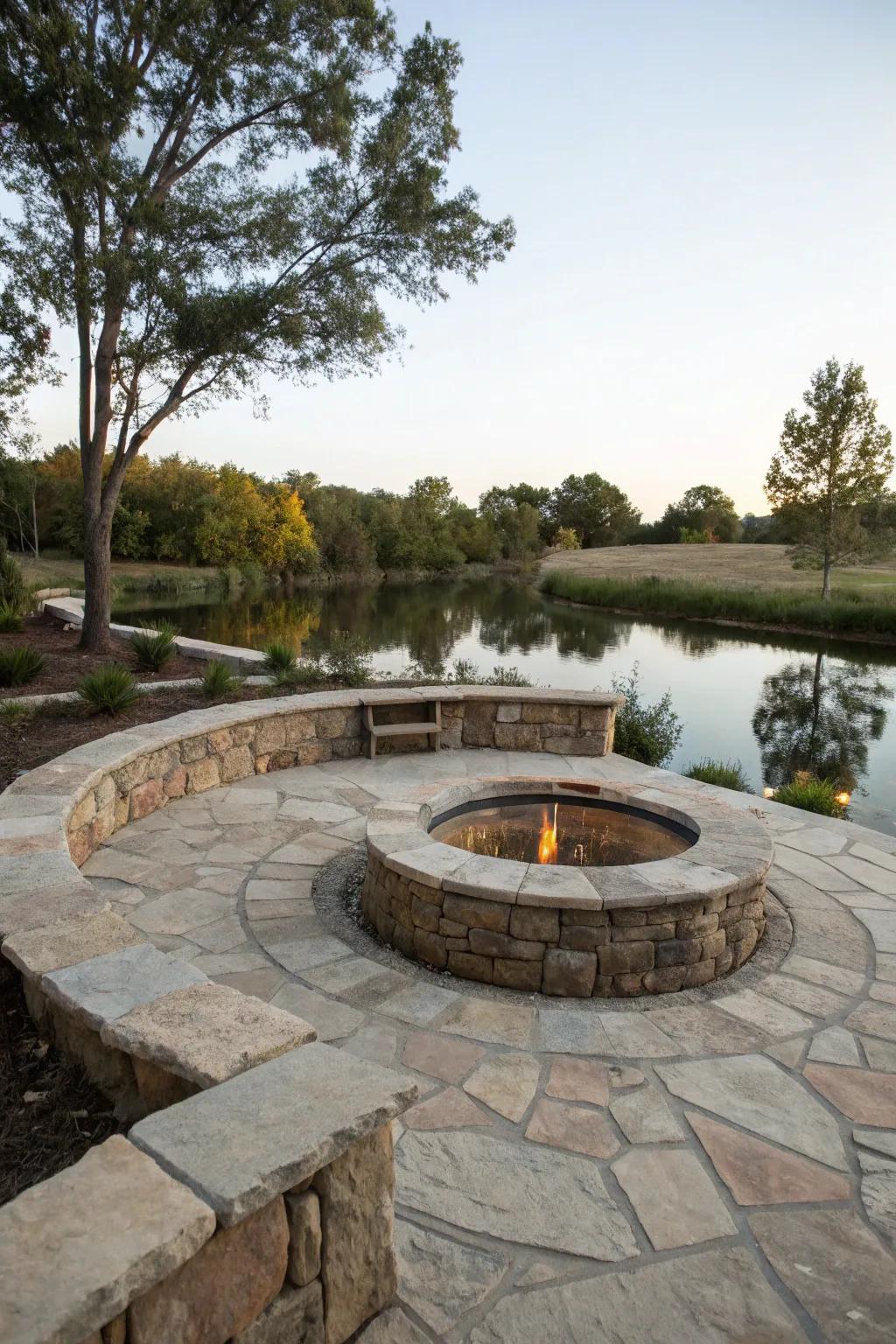 A fire pit by the pond creates a warm gathering spot.
