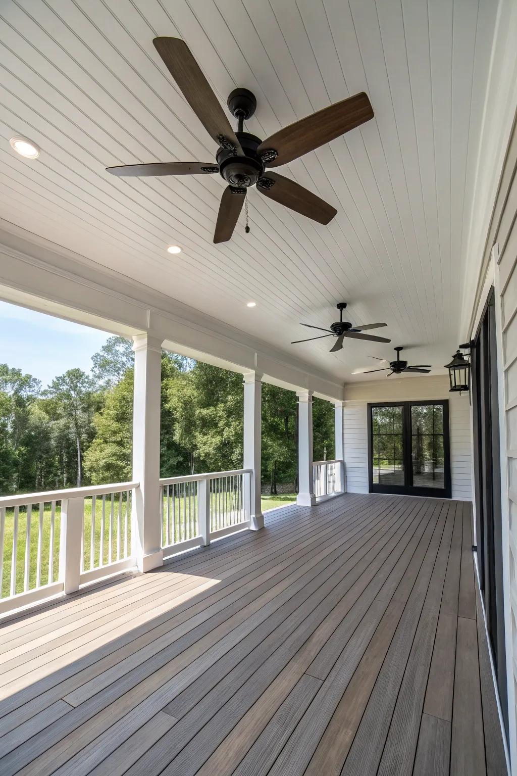 A porch extension with a modern ceiling fan.
