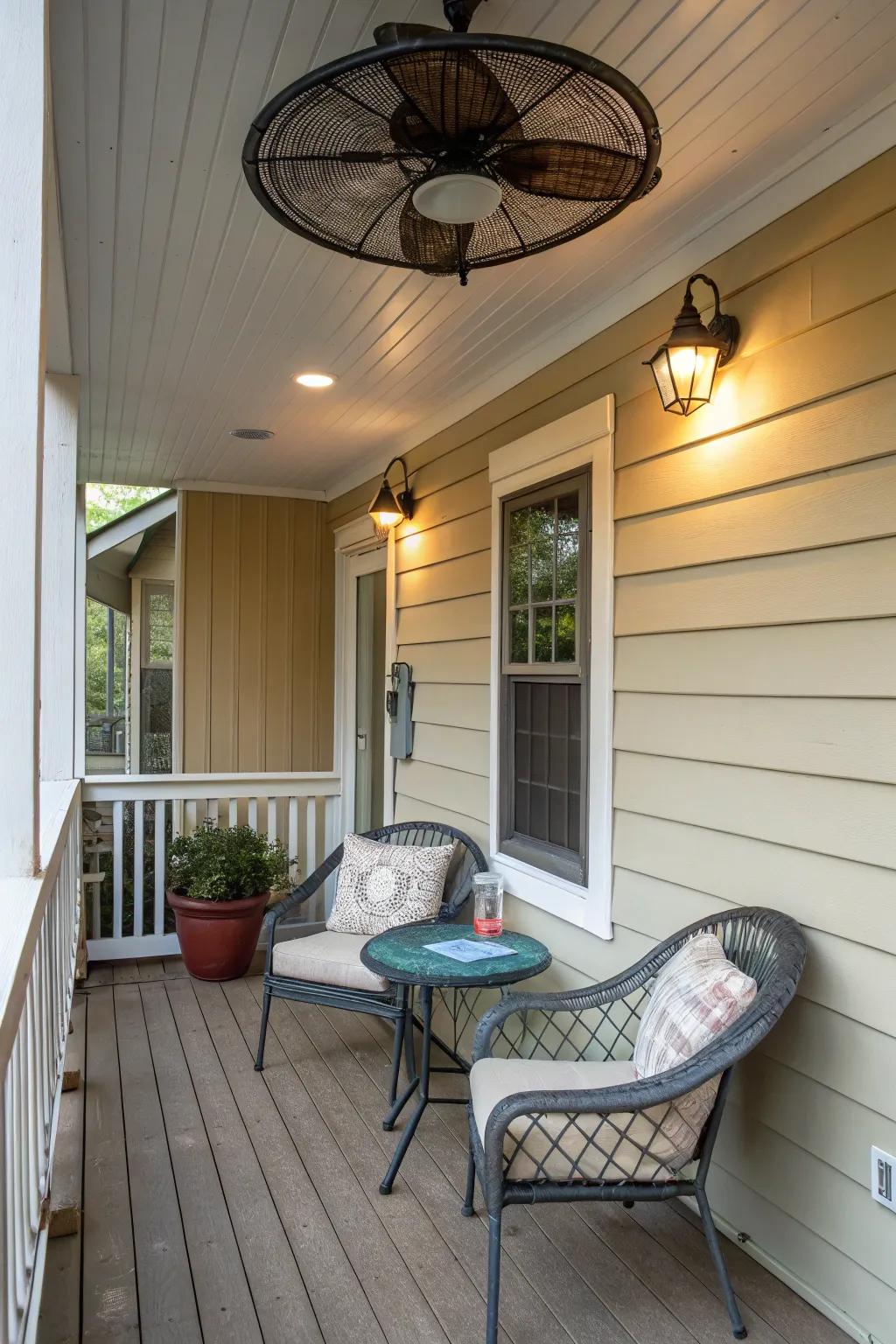 A wall-mounted fan offers a compact cooling solution for this porch.
