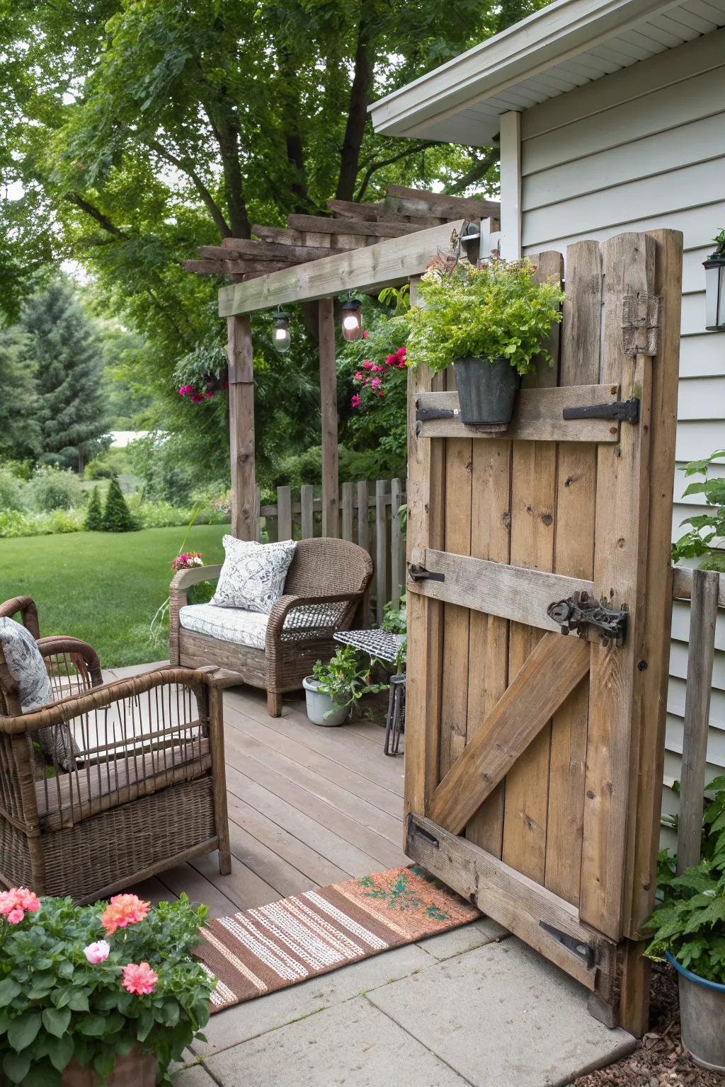 A DIY pallet gate adds rustic charm on a budget.