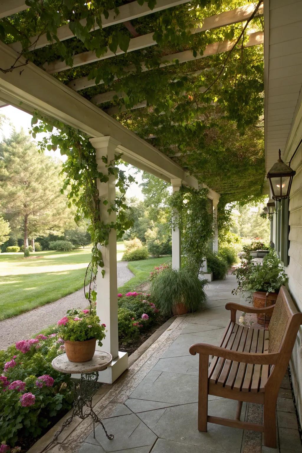 Enchanting pergola with natural greenery.