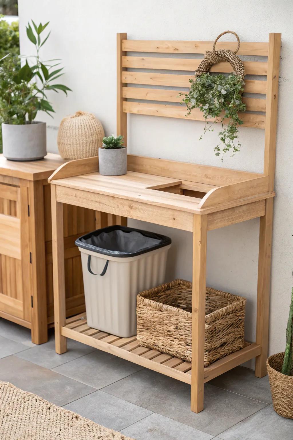 Discover the art of hidden storage with this minimalist potting bench—where elegance meets functionality.