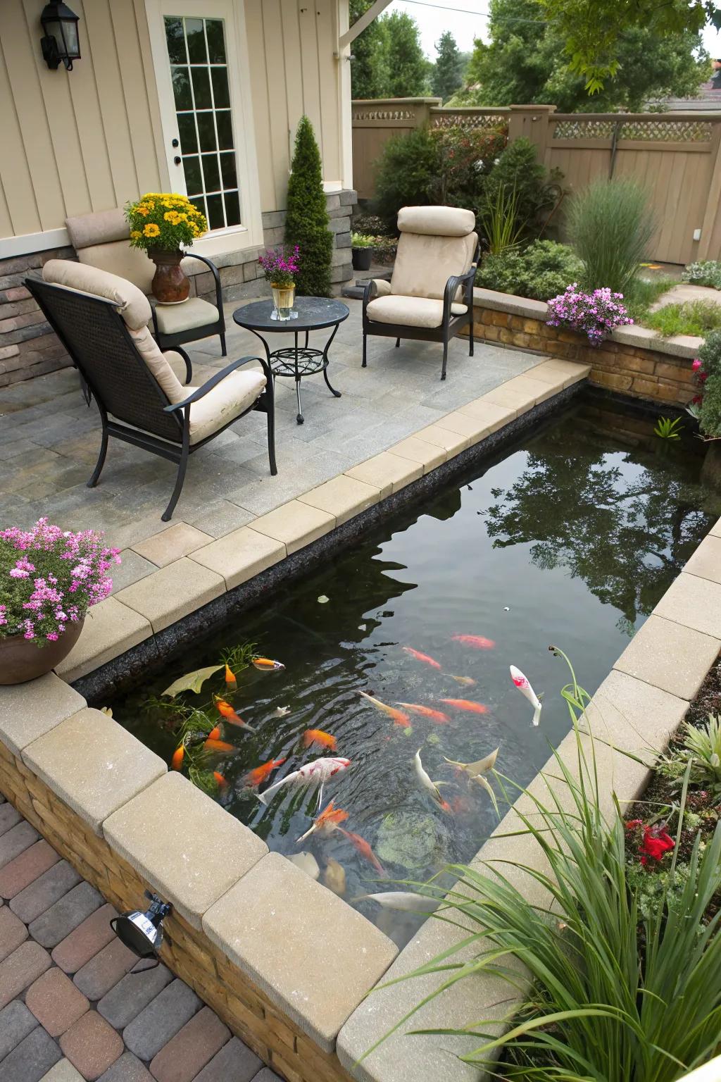 An elevated koi pond flawlessly situated adjacent to a snug terrace.