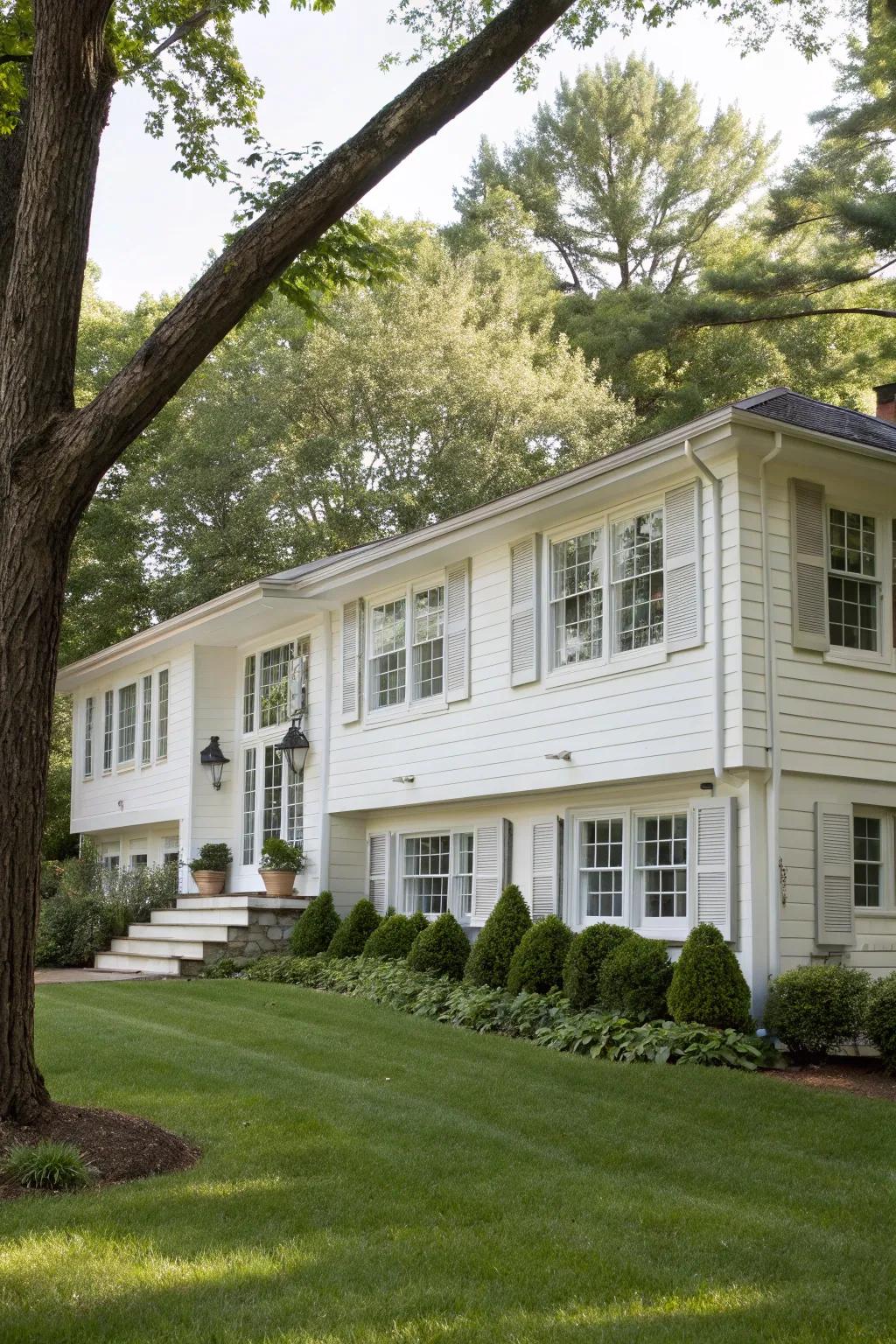 Charming windows with classic white shutters on a raised ranch home.