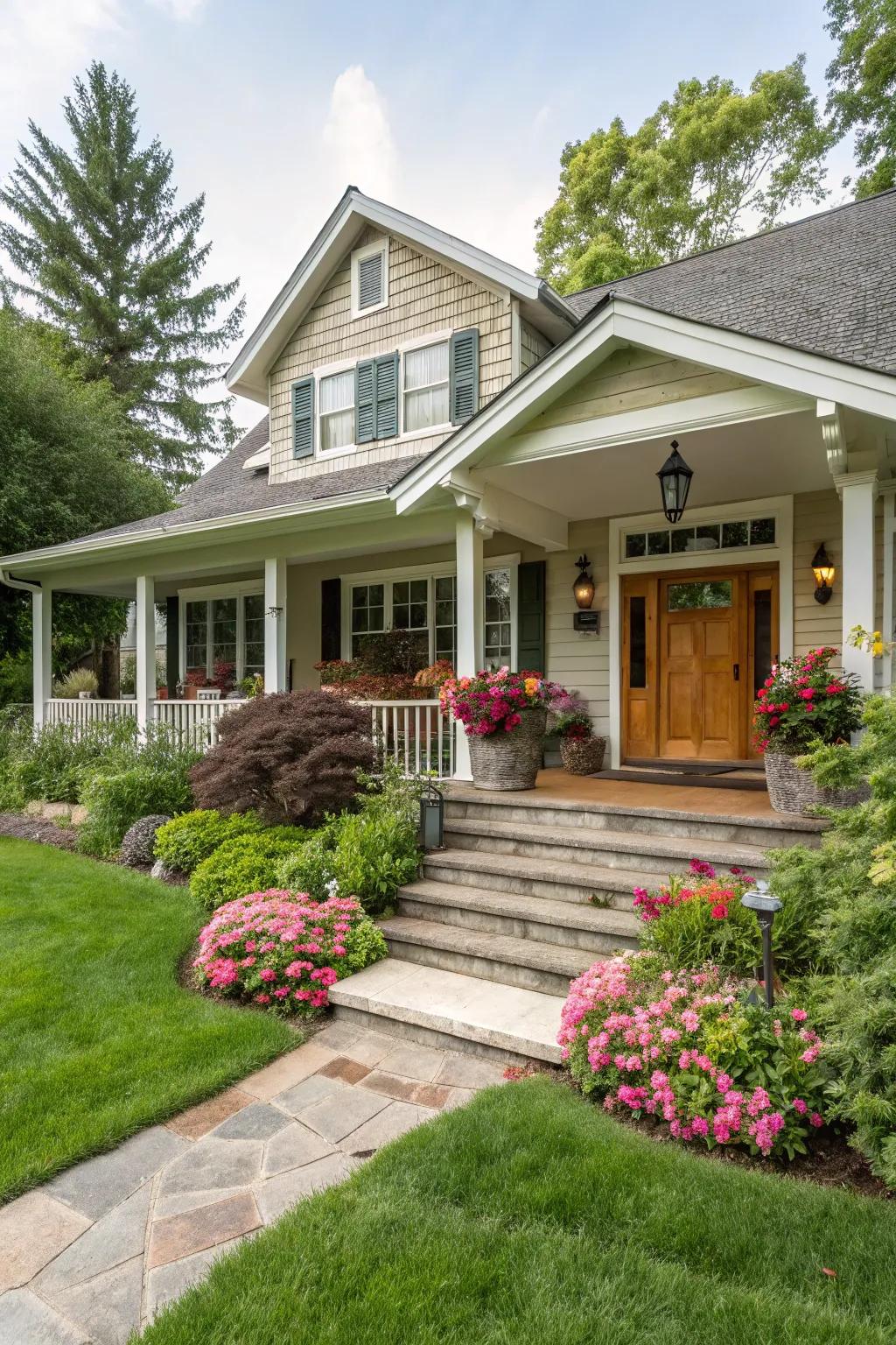 A gabled entryway brings character to this charming ranch house.