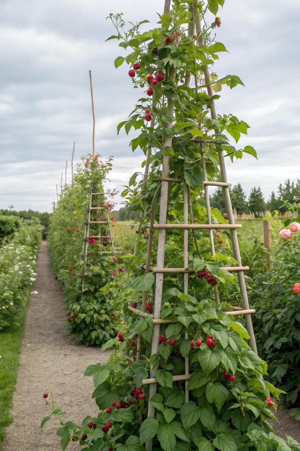 A vertical trellis encourages growth and ensures ample sun exposure.