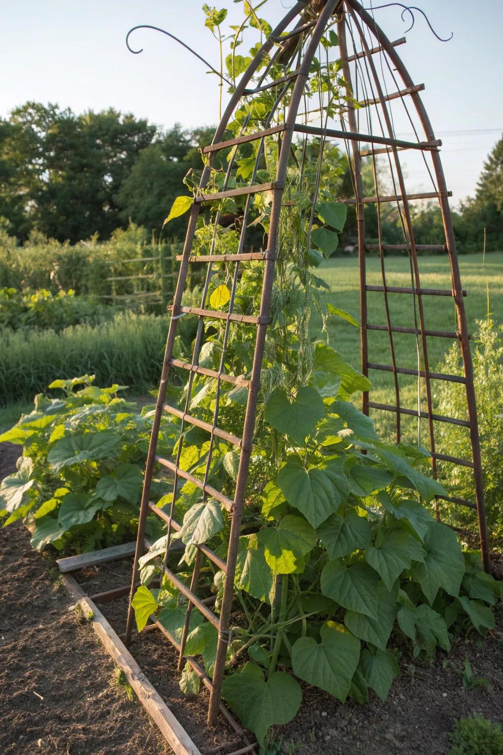 Transform your garden with a sleek rebar trellis, perfect for supporting heavy climbers like cucumbers and beans.