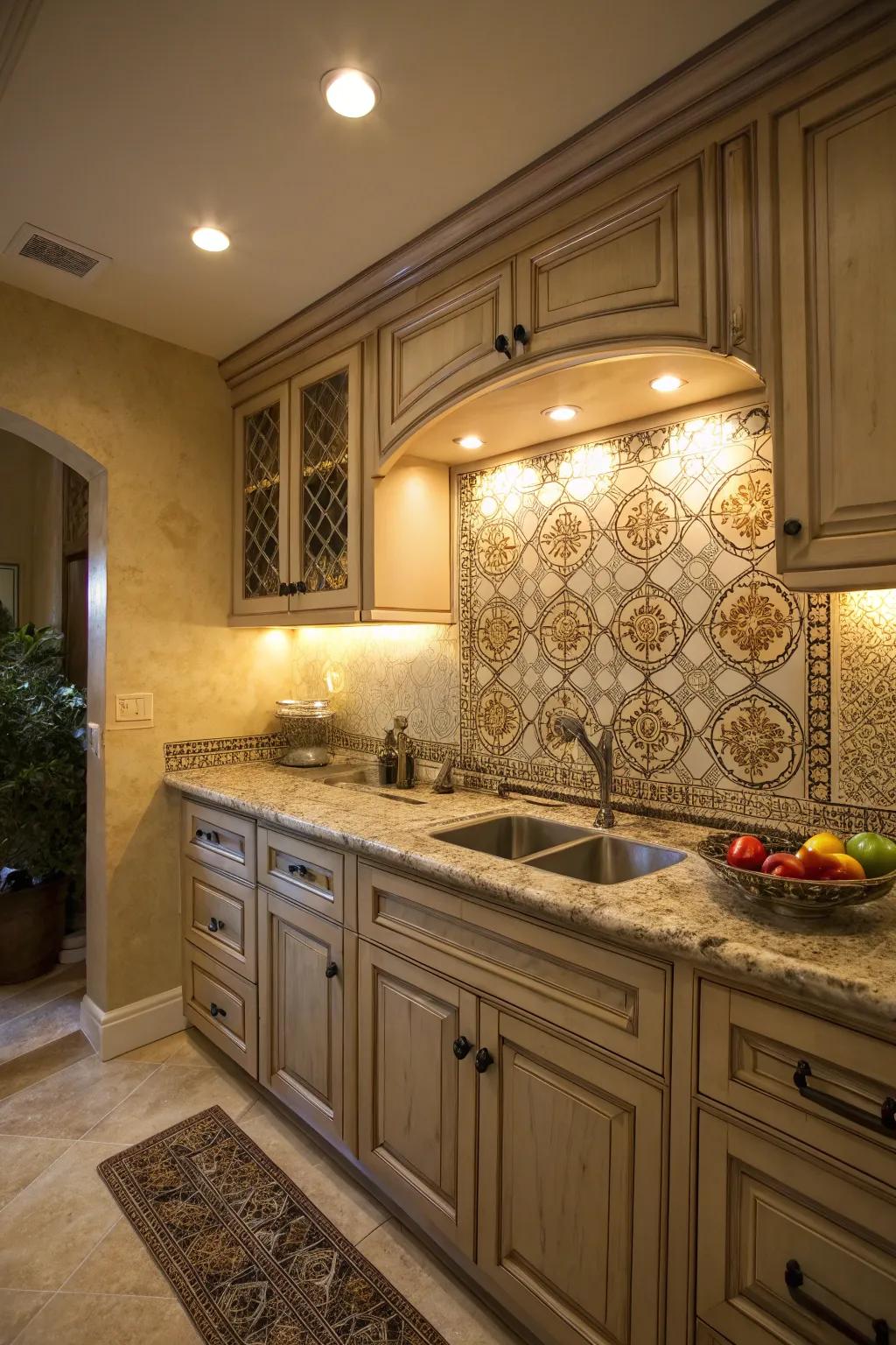 Accent lighting draws attention to kitchen features.