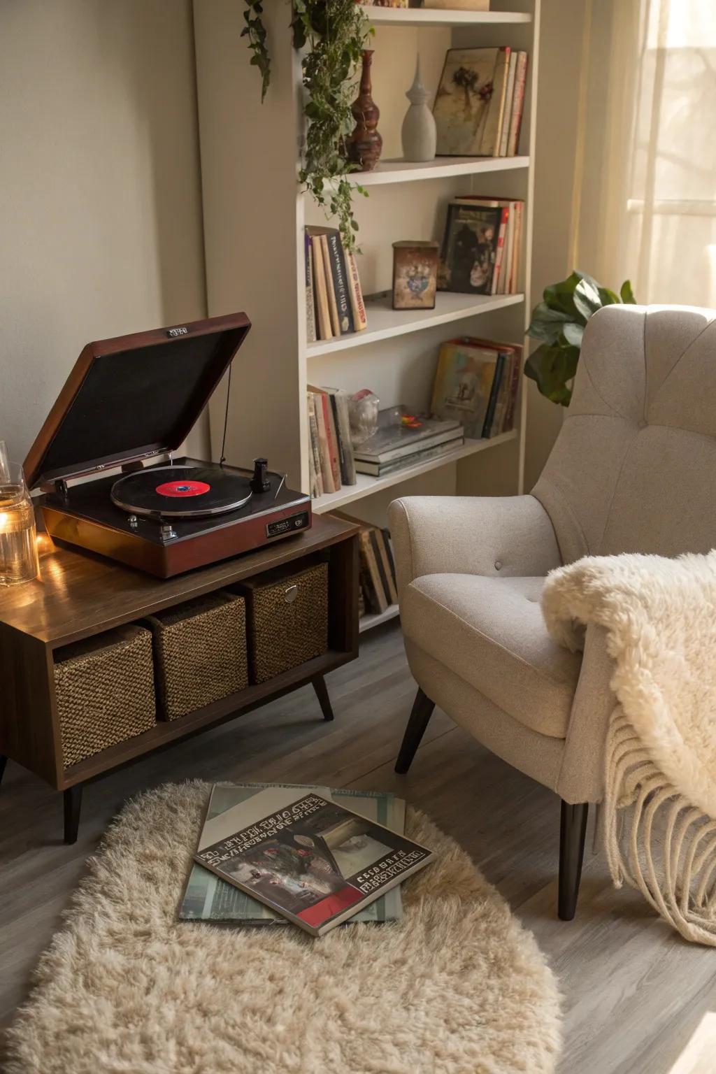 Cozy nook with a record player and a comfy seating area.
