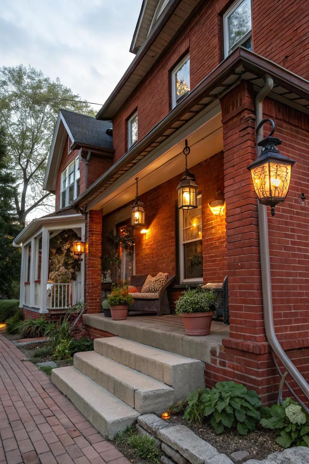 Vintage lanterns offer a nostalgic glow on this red brick porch.