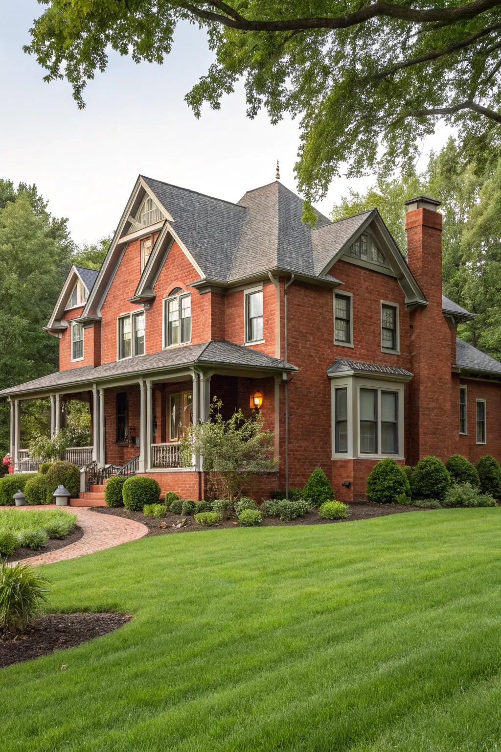 Toasty gray trim lends a harmonious and elegant appearance to red brick exteriors.