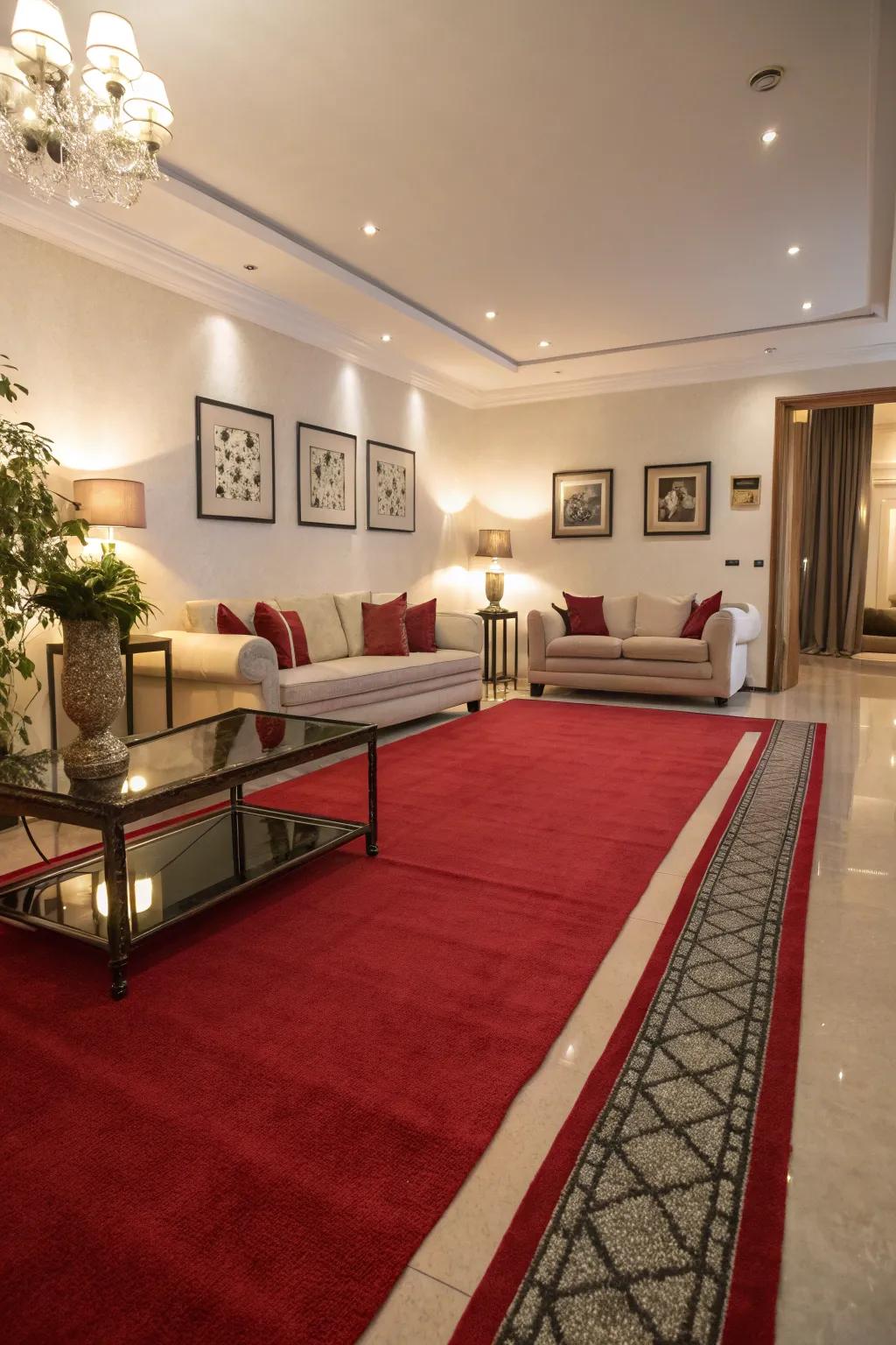 A lounge area in which a crimson carpet wonderfully highlights a subdued palette.